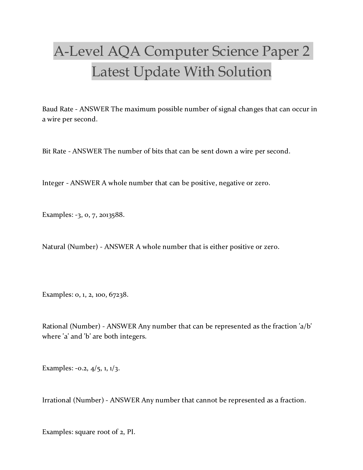 ALevel AQA Computer Science Paper 2 Latest Update With Solution